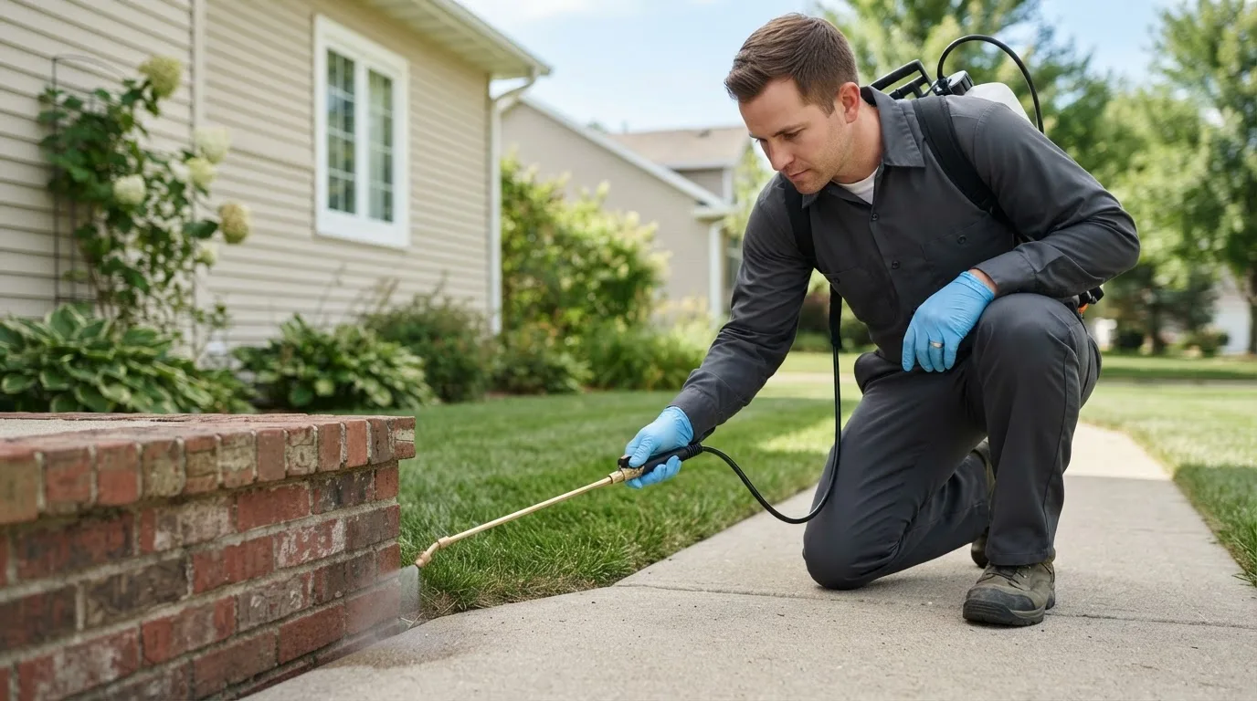 Pest control technician treating a home near Aumsville, OR